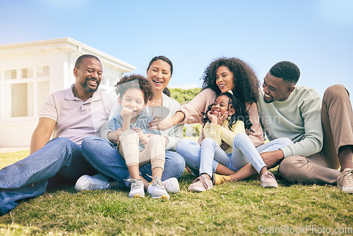 Image of Family, outdoor and generations, relax together on grass with happiness, grandparents and parents with children. Happy people, summer and sitting on lawn, love and care with bonding and smile