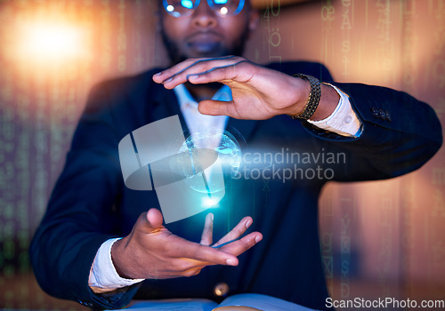Image of Global hologram, code network and black man hands with futuristic software in the dark. International database, virtual overlay and ux holographic analytics work at night with African user at office