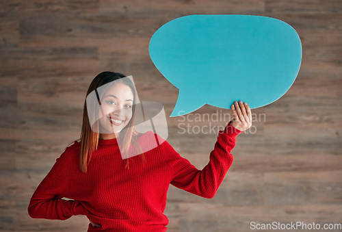 Image of Business woman, speech bubble and smile by wall in portrait with opinion, social media mockup and workplace. Businesswoman, paper and poster for news, announcement and happy with sign, vote and voice