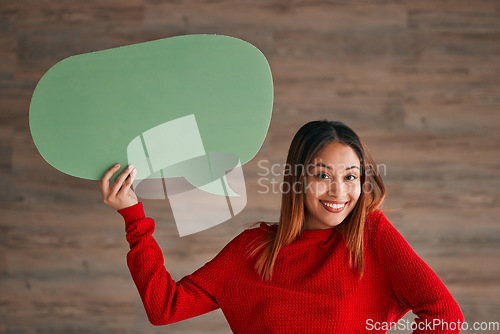 Image of Business woman, speech bubble and portrait by wall with happiness, opinion and social media in workplace. Businesswoman, paper and poster for news, announcement and happy with sign, vote and voice