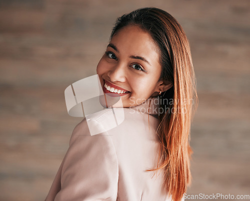 Image of Business woman, smile and portrait of an employee with happiness and joy ready for work. Corporate, young female and lawyer worker feeling happy, joy and confident from law firm and company job