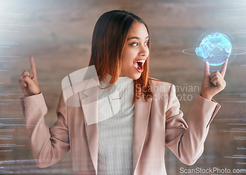 Image of Happy woman, 3D hologram and world for global communication, futuristic technology or business. Surprised female holding virtual holographic globe idea or solution for digital networking on overlay
