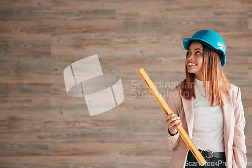 Image of Architect, woman and smile with level on mockup for measuring balance in construction planning. Happy female contractor, engineer or builder smiling with safety helmet and measure tool on copy space