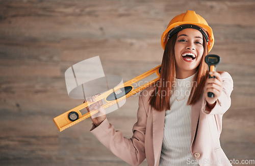 Image of Engineer laugh, business woman and portrait of a property management worker with construction tools. Mockup, stud detector and engineering gear for a home renovation project with a happy employee