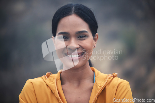 Image of Woman, portrait or smile in fitness break, nature training or exercise workout for remote cardio, morning wellness or routine sports. Face, happy or runner athlete in park for outdoor health activity