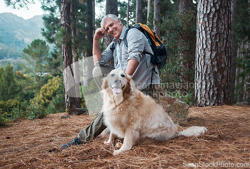 Image of Man, hiking and happy dog outdoor in nature for exercise, fitness and trekking for health and wellness. Senior male and pet animal portrait on hike in forest for workout and cardio with backpack