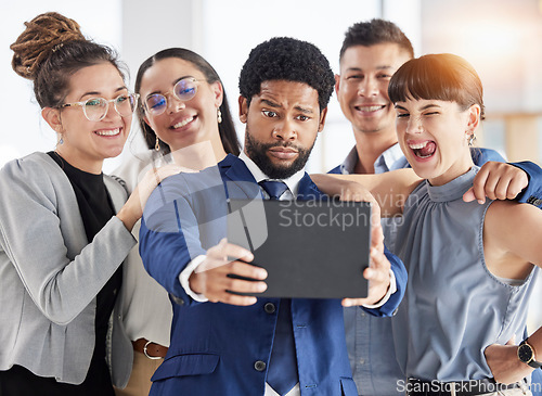 Image of Selfie, happy and business people together with a tablet for team building and group fun. Funny, smile and a black man taking a photo with employees or friends on technology for an office memory