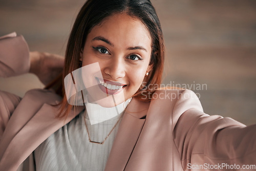 Image of Selfie, business and woman with confidence, employee and happiness for growth, skills and social media. Portrait, female agent or entrepreneur with profile picture, memory and motivation with startup