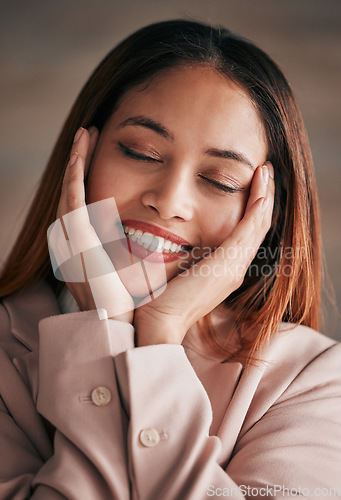 Image of Happy, content and woman with self love at work isolated on a studio background. Success, smile and face of a corporate employee excited about business, professional career and happiness in office