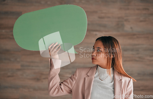 Image of Business woman, speech bubble and wall background, blank sign for social media chat or notification. Professional person holding empty sign for announcement, info or opinion on ideas for startup chat