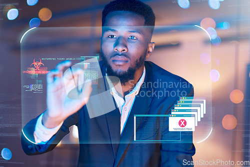 Image of Hologram, hacker and cyber security with touchscreen and black man for 3d interface, virus and malware. Future, database and ui software with male and overlay for digital, phishing and graphic