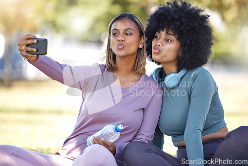 Image of Fitness, woman and friends in park for selfie, vlog or profile picture after workout in nature. Active women pose for photo, social media or online post in exercise, training or yoga together outside