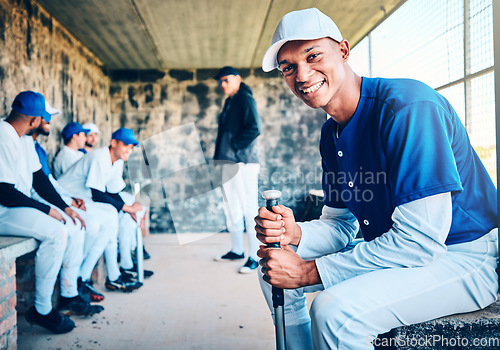 Image of Baseball player, dugout and portrait of a black man with sports team and smile in stadium. Exercise, fitness and training motivation of a softball group at sport game feeling relax from solidarity