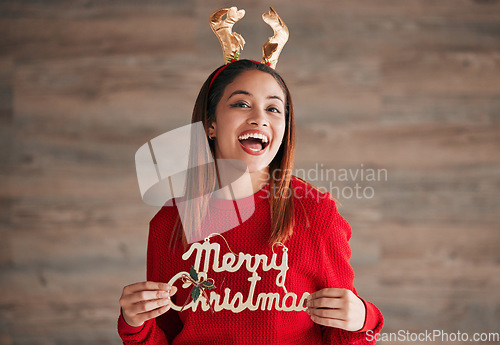 Image of Christmas, decoration and portrait of woman with motivation holding xmas sign. Wow, excited and isolated happy female with celebration and a smile from winter festive, celebrating and youth happiness