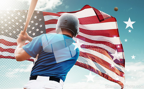 Image of American flag, baseball and man with overlay for sports competition, global tournament and games. National player, fitness and male athlete with bat hit ball for softball exercise, training and match