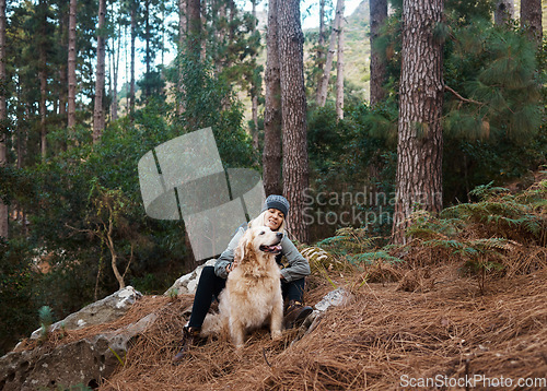 Image of Senior woman, hiking with dog in forest and adventure, fitness with travel and pet with love and care. Nature, trekking and vitality with mature female and puppy outdoor with wellness and retirement