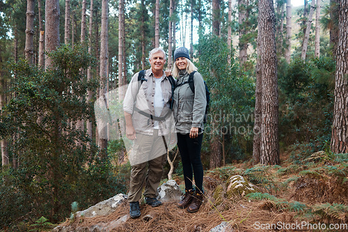 Image of Nature, retirement and hiking, portrait of old couple standing in forest in mountain of Peru on holiday adventure. Travel, senior man and and mature woman trekking on hike with love, smile and health