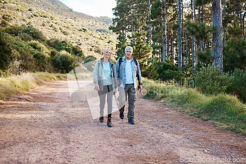 Image of Forest, path and hiking, old couple on nature walk with backpack in mountains path in Canada. Travel, senior man and mature woman on exercise hike with love, health and trekking on holiday adventure.