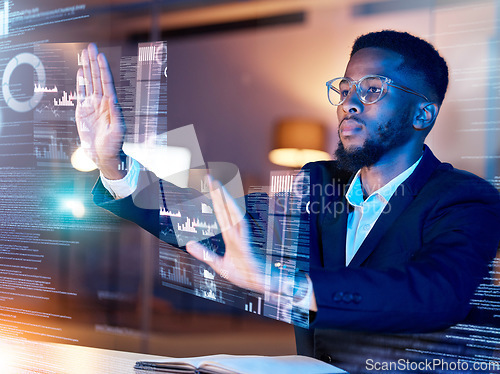 Image of Data hologram, global network and black man working on futuristic software in the dark. Finance database, virtual overlay and financial analytics work at night with a African male and focus at office