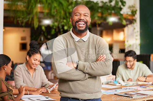 Image of Black man, portrait smile and arms crossed in meeting for leadership, teamwork or brainstorming at office. Happy businessman, leader or coach smiling in management for team planning and collaboration