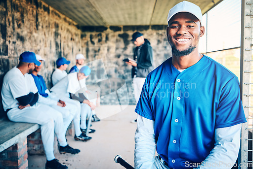 Image of Baseball player, dugout and happy portrait of a black man with sports team and smile in stadium. Exercise, fitness athlete and training motivation of a softball group at game feeling happiness