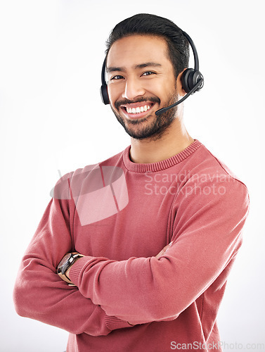 Image of Confident customer service, face portrait or happy man telemarketing on contact us CRM or consulting telecom. Callcenter communication, arms crossed and male studio agent isolated on white background