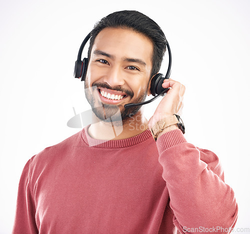 Image of Customer service consulting, face portrait or happy man telemarketing on contact us CRM or telecom. Call center communication, ecommerce studio or male support consultant isolated on white background