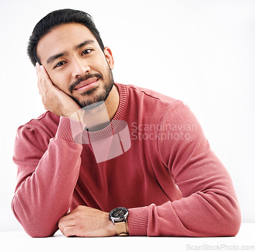 Image of Relax, man and portrait in a studio with a smile looking attractive and handsome. Isolated, white background and resting male model feeling calm, friendly and confident with modern style smiling