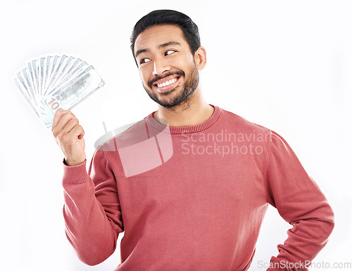 Image of Money fan, cash investment and man on white background for wealth, financial savings and payment bonus. Finance profit, winner and isolated male for winning, prize and stock market success in studio