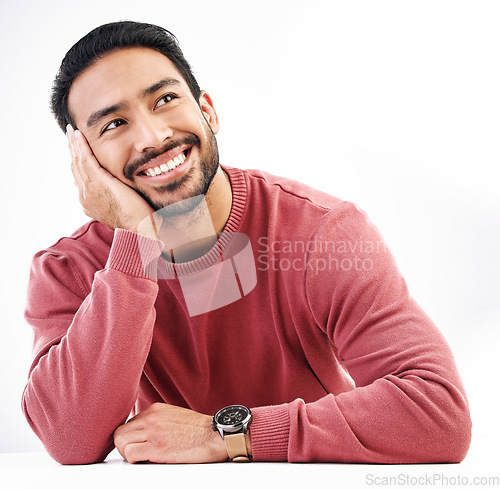 Image of Happy, ideas and Asian man thinking, decisions and creative isolated on a white studio background. Japan, male and guy with thoughts, opportunity and planning with smile, wonder and ponder with joy