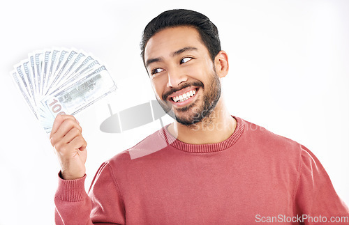 Image of Money fan, cash investment and man on white background for wealth, financial savings and payment bonus. Finance profit, winner and happy male for winning, prize and stock market success in studio