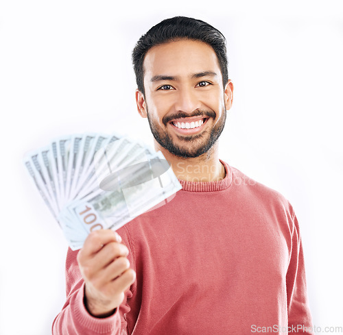 Image of Cash, money and portrait of man investor on white background for investment, financial savings and payment. Finance profit, winner and happy male for winning, prize and stock market success in studio