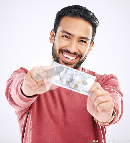 Image of Money, cash and portrait of man with dollar on white background for investment, financial savings and payment. Finance profit, winner and isolated male for winning, stock market and success in studio