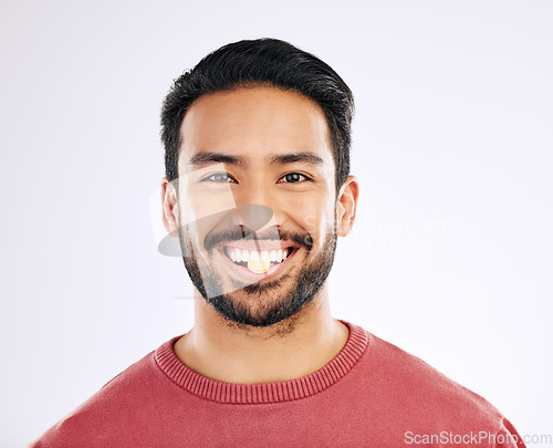 Image of Vitamin pill, man and portrait with health supplement, prescription and wellness tablet. Isolated, studio background and male model face with nutrition, healthcare and healthy medication with a smile