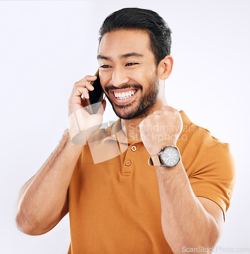 Image of Phone call communication, studio news and happy man celebrate achievement, success goals or winning. Excited, winner and male celebration fist pump, announcement or notification on white background