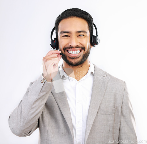 Image of Customer support consulting, face portrait and happy man telemarketing on contact us CRM or telecom. Call center communication, funny studio laugh or male sales consultant talking on white background