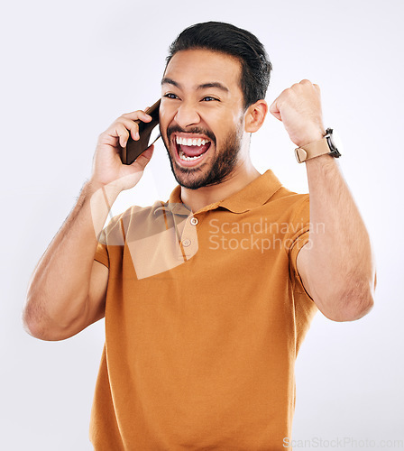 Image of Phone call news, excited and happy man celebrate achievement, winning success or studio celebration. Scream winner, cheers and male fist pump, prize announcement or notification on white background
