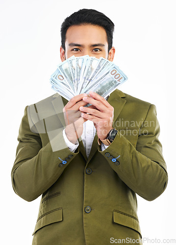 Image of Money, cash and portrait of business man on studio background for investment, bonus and stock market. Finance success, winner and isolated male with bills for winning, profit and wealth opportunity