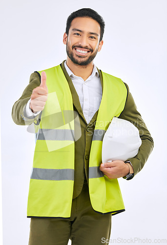 Image of Portrait, Asian man and engineer with thumbs up, architecture and hard hat on a white studio background. Face, male employee or architect with gesture for agreement, thank you or success with project