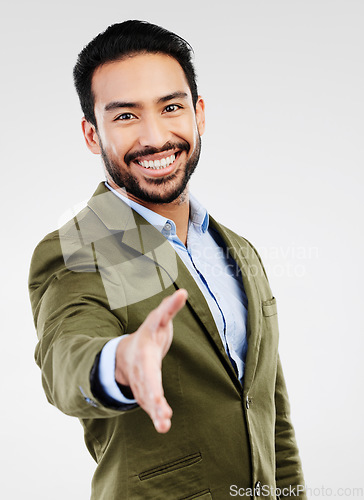 Image of Portrait, man or happy hand shake gesture in studio investment deal, b2b contract or business acquisition agreement. Human resources, hiring welcome or HR shaking hands isolated on white background