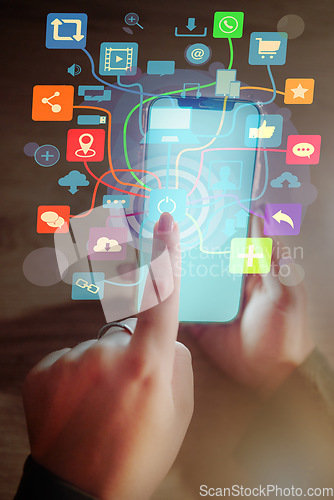 Image of Closeup, hands and phone green screen of social media hologram, networking app icons or mockup for woman in night office. Working late designer, mobile and user technology abstract of 3d connection