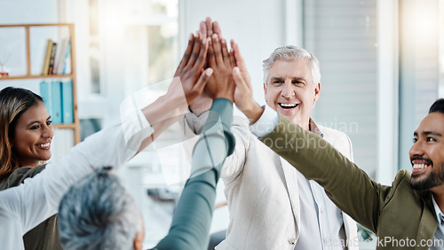 Image of Teamwork, high five and hands of business people in office for motivation, support and success celebration. Collaboration, team building and men and women connect for diversity, goals and partnership