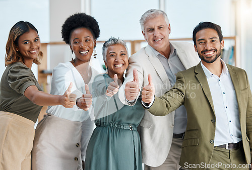 Image of Portrait, thumbs up and business people in office with thank you sign, gesture and positive symbol. Diversity, hands and face of team with finger emoji for cooperation, coworking and solidarity