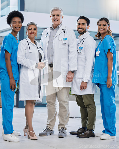 Image of Doctor, nurses and healthcare portrait in a hospital and clinic with wellness leadership team. Doctors, community and diversity of professional health and employee group with a smile and happiness