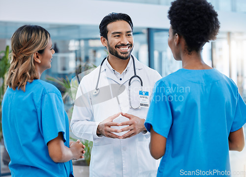 Image of Teamwork, discussion and doctors in meeting in hospital for medical strategy, diagnosis and treatment. Healthcare, collaboration and man doctor with nurses for consulting, planning or surgery results