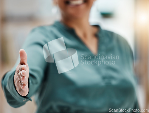 Image of Hand, woman and handshake for b2b deal, welcome and thank you gesture on blurred background. Shaking hands, offer and hr lady with meeting sign for job interview, hiring and business integration