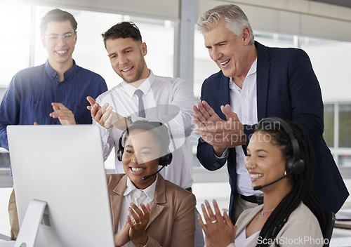 Image of Business people, call center and applause in office with teamwork, celebration and diversity. Men, woman and crm team building with group, support and celebrate with excited face for video conference