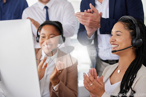 Image of Women, call center and applause in office with teamwork, celebration and diversity. Business people, men and crm team building with group, support and celebrate with excited face for video conference