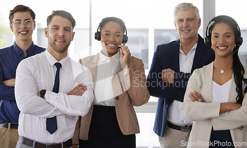 Image of Group, call center and office portrait with diversity, team building and happiness with solidarity at agency. Men, woman and crm for teamwork, support or motivation with excited face in telemarketing