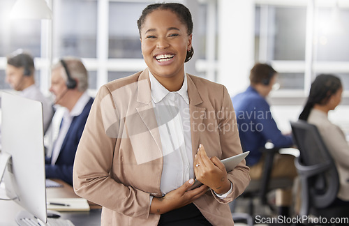 Image of Call center, black woman laugh and office team with collaboration and manager with a smile. Tablet, happiness and teamwork of company group with a proud boss ready for work and telemarketing